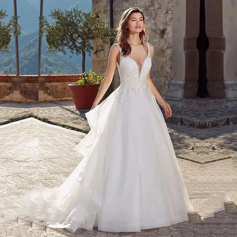 

Eightale Elegant Wedding Dress V-Neck Appliques Lace Backless Wedding Gowns A-Line Tulle Boho Bridal Dresses vestido de noiva