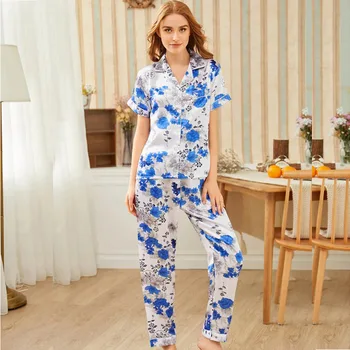 

2020 New Pj Sets for Women Satin Printing Simulation Silk Satin Ladies Cardigan Short Sleeve Trousers Home Wear 2 Piece Suit