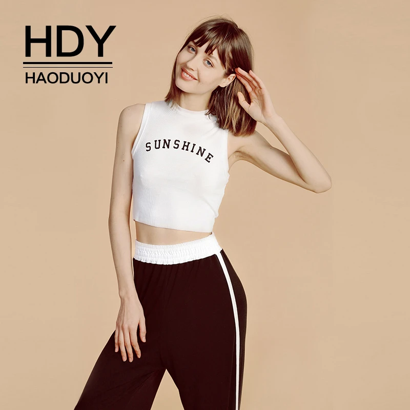 

HDY Haoduoyi Street Sports Digital Letter Printing Pure Color Strapless Umbilical Cord Slim Half-high Collar Short Ribbed Vest