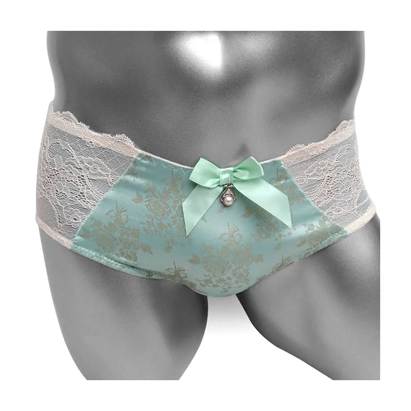 Sissy Satin Brief Panties With Bowknot Lace Patchwork Brand High Quality Sexy Men Underwear Lingerie