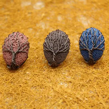 

6pcs Natural Stone Agates Multicolour Lava Rock Rings Copper Wire By Hand Wrap Life Tree Healing Ring for Women Jewelry Free