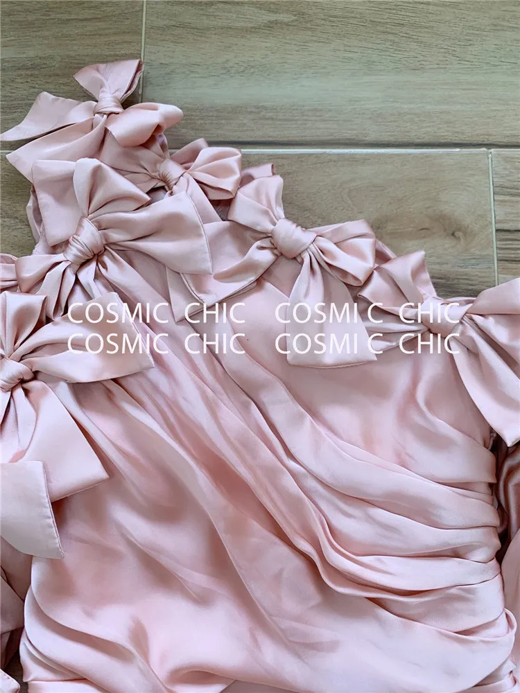 Cosmicchic элегантные сексуальные нестандартные платья с бантом и открытыми плечами, мини платья для вечеринок, косой воротник, фонарь, длинный рукав, облегающее розовое платье