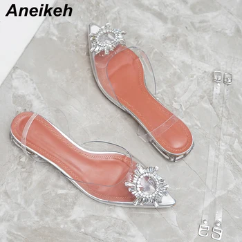 

Aneikeh Large Size 41 42 Fashion Clear PVC Transparent Low Heels Sandals Women Shoes Rhinestone Sunflower Sandals Summer Shoes