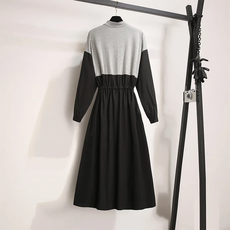 

Large Size Dress Long Sleeve Contrast Color Stand Collar Early Autumn Shirred Waist Hugging Lace-up Zipper Mixed Colors Fat Mm M