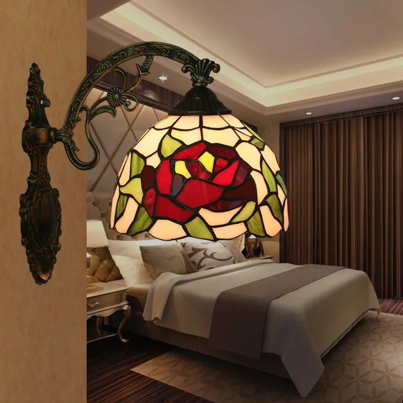 

Stained Glass Flowers Wall Lamp Bar Hotel Bedroom Bedside Lamp Corridor Aisle Balcony Sconce European Vintage LED Wall Light