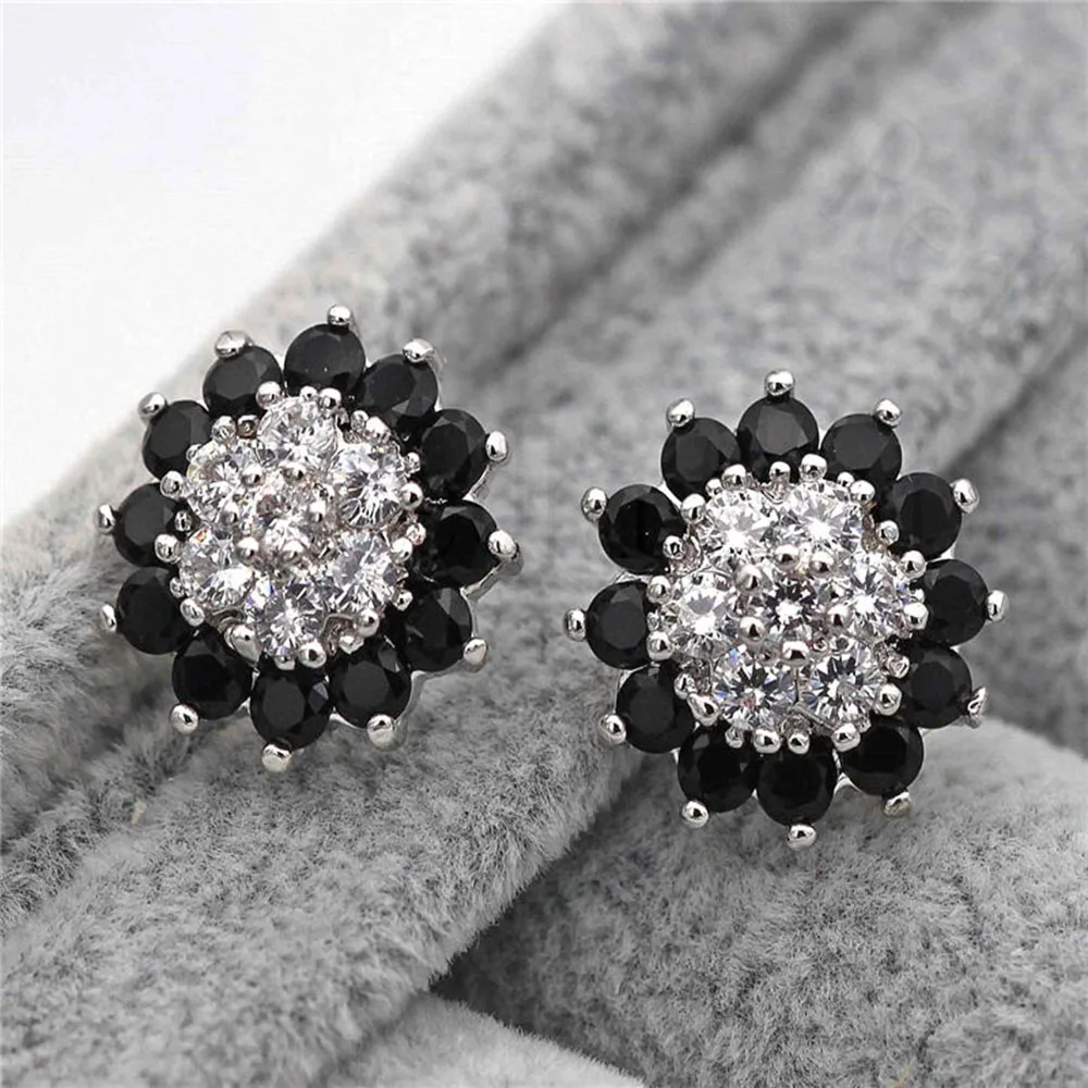 Серьги-гвоздики для женщин, позолоченные цветочные серьги с черным цирконием, трендовые ювелирные изделия для свадьбы, Подарок на годовщину, аксессуары