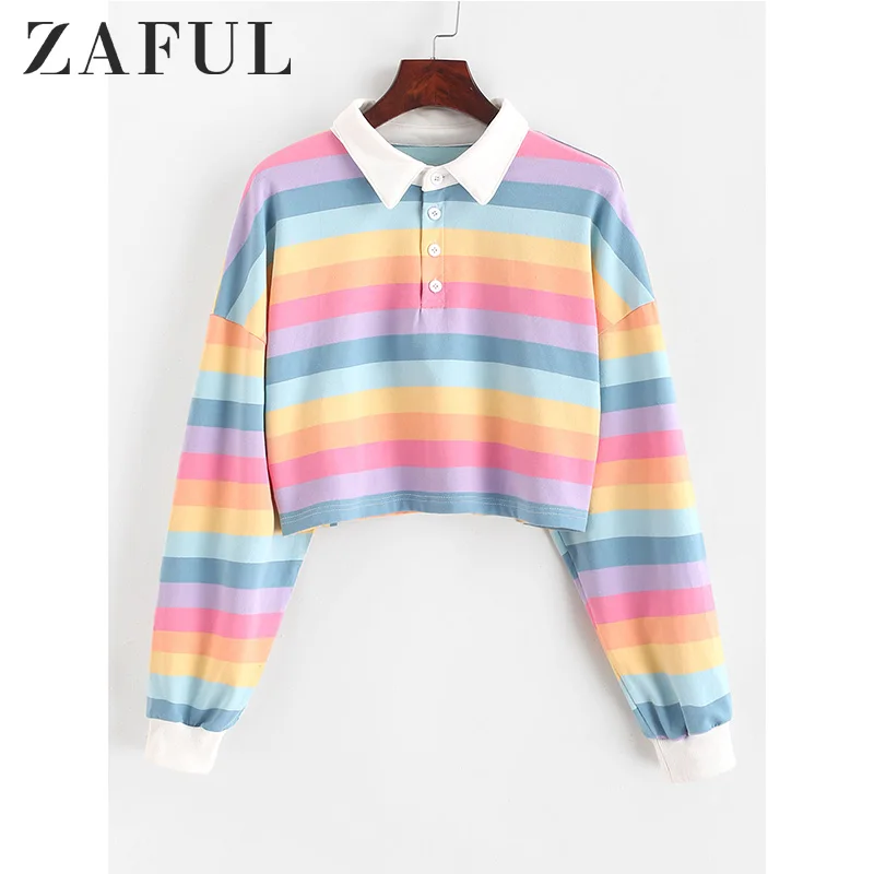 Женская укороченная футболка в контрастную полоску ZAFUL поло с длинными рукавами