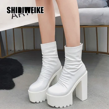 

2020 New Autumn Winter Platform Boots High Heels Back Zipper Black White Short Boots For Women Waterproof Gothic Shoes v957