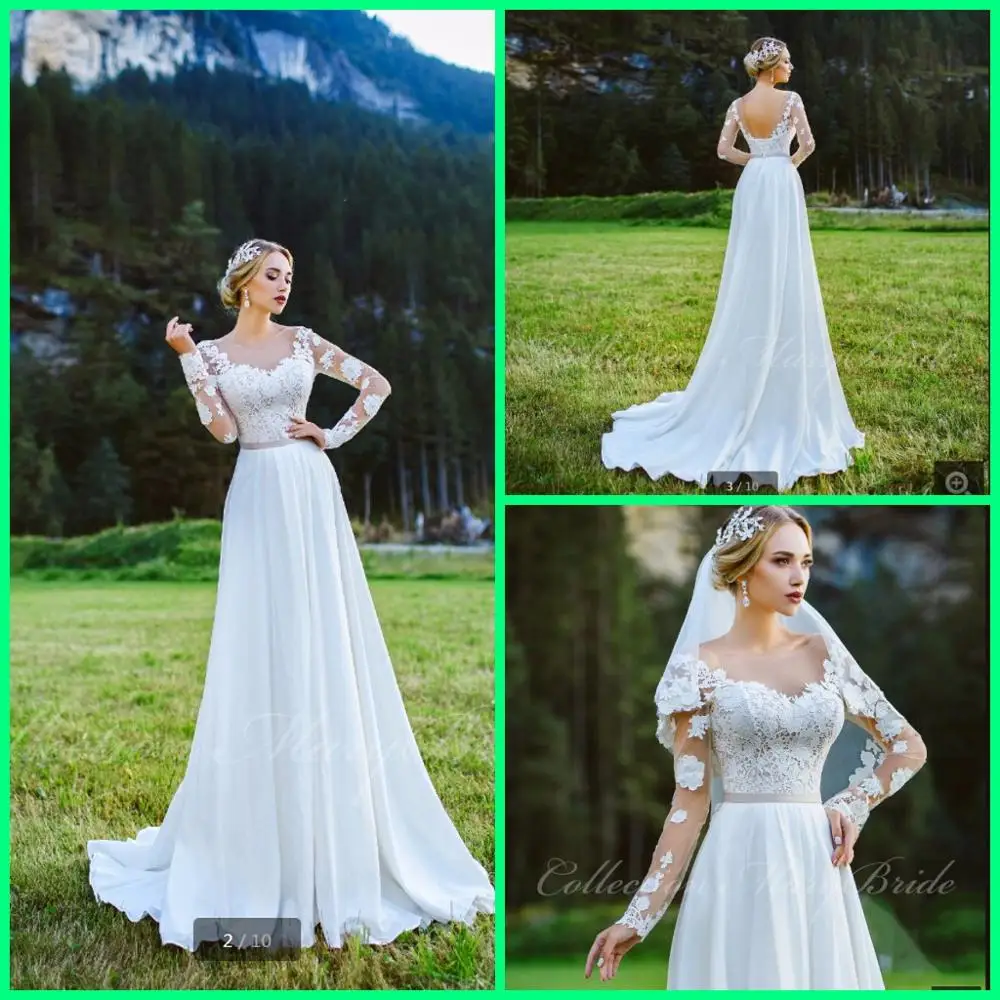 

2020 A-line Lace Chiffon Informal Boho Beach Wedding Dresses Long Sleeves Sexy Sheer Bohemian summer bride dress robe de mariee