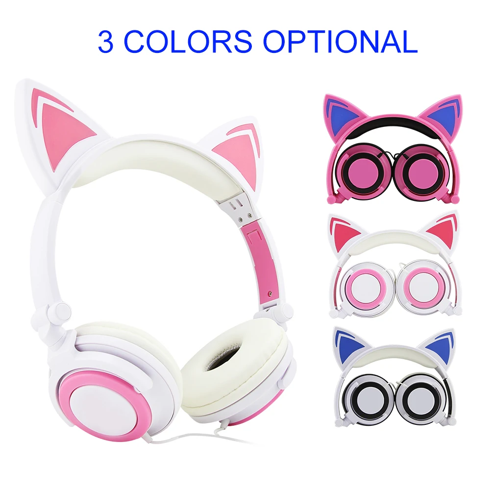 Bluetooth 5 0 Headphones LED Cat Ear Foldable Headset HiFi Stereo Bass With Mic 3 5mm plug For Game Girls Kids Headphone Gift