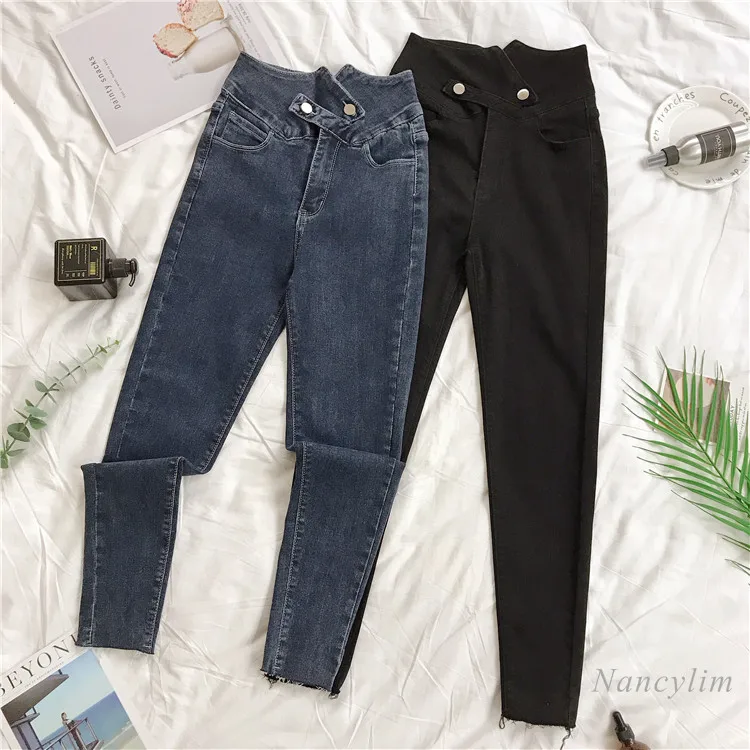 

Nancylim 2020 Autumn Women's High Waisted Skinny Black Denim Jeans Pantalones Vaqueros Mujer Blue Leggins