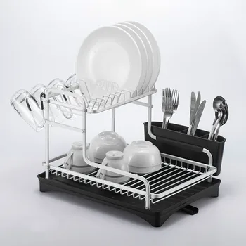 

2 Tier Silver Stainless Aluminum Kitchen Dish Rack Sink Drainer Plate Drying Shelf Organizer Accessories Cutlery Dishes Storage
