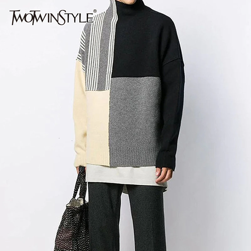 TWOTWINSTYLE, Повседневный, хит, цвет, пэчворк, женские свитера, водолазка, длинный рукав, свободный, вязаный свитер, женский,, модный