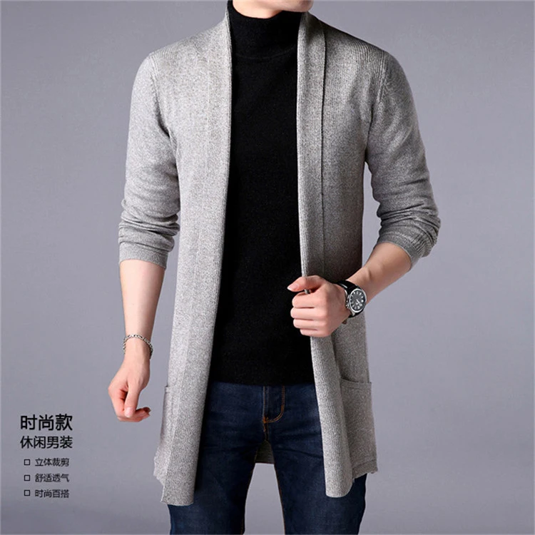 Men Long Style Cardigan Sweater New Fashion Spring and Autumn X-long Knit Sweater Jackets Solid Color Sweatercoat