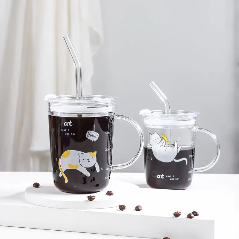 

450ml Cartoon Children's Milk Cup Scale Glass Juice Water Bottle Kids Cup with Straw Glass Bottle Water Cute Cat