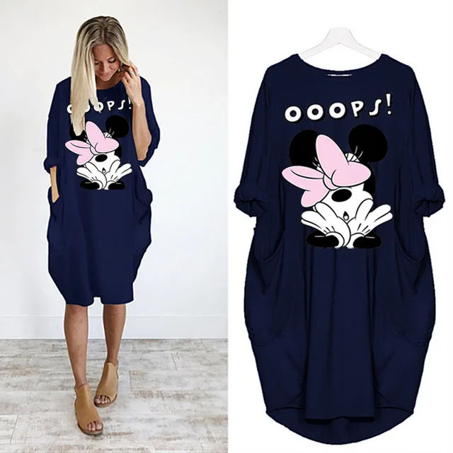 Disney Plus Size Midi Dress Long Sleeve Robe Casual Minnie Mickey Mouse Print Beach Loose Dresses Kawaii Sundress Women Clothing D002L1687 Blue
