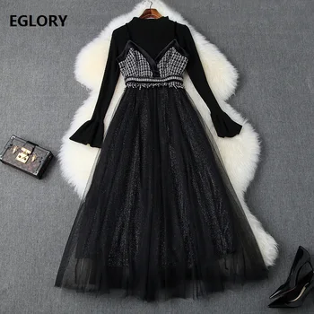 

High Quality Designer Clothing Sets 2019 Autumn Winter Dress Suit Women Flare Sleeve Black Pullovers+Tulle Mesh Sexy Strap Dress