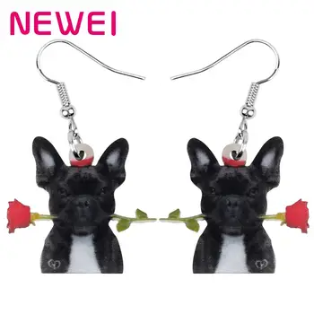 

NEWEI Acrylic Valentine's Day Black Dog Rose Earrings Animal Drop Dangle Jewelry For Women Girls Teens Lover Charm Festival Gift