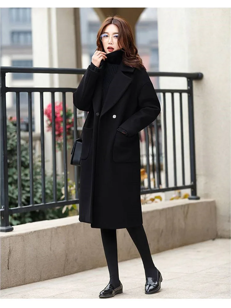 Black Hepburn Wind Woolen Overcoat Women's Autumn& Winter Korean-style Mid-length Loose-Fit Woolen Jacket
