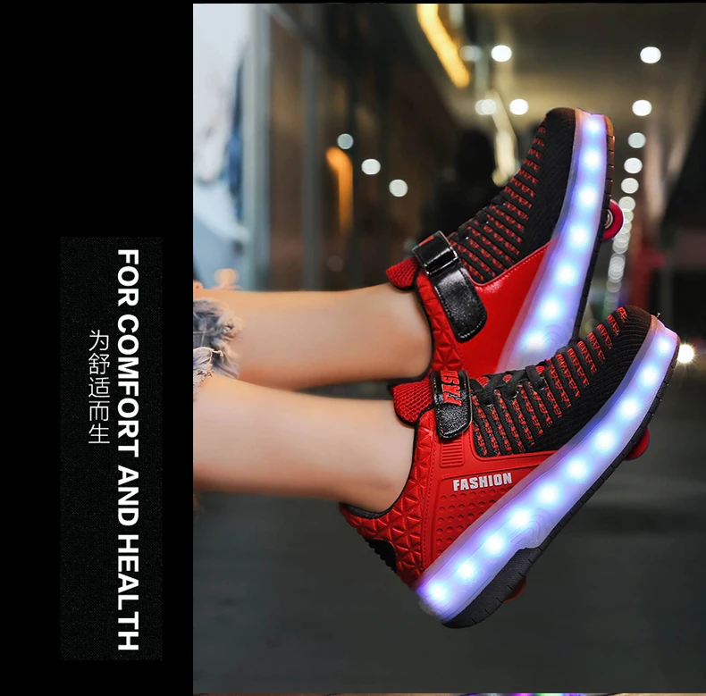 Size 28-40 LED Glowing Roller Skate Shoes with Lights for Children Boys USB Charged Luminous Sneakers on Double Wheels Kid Girls