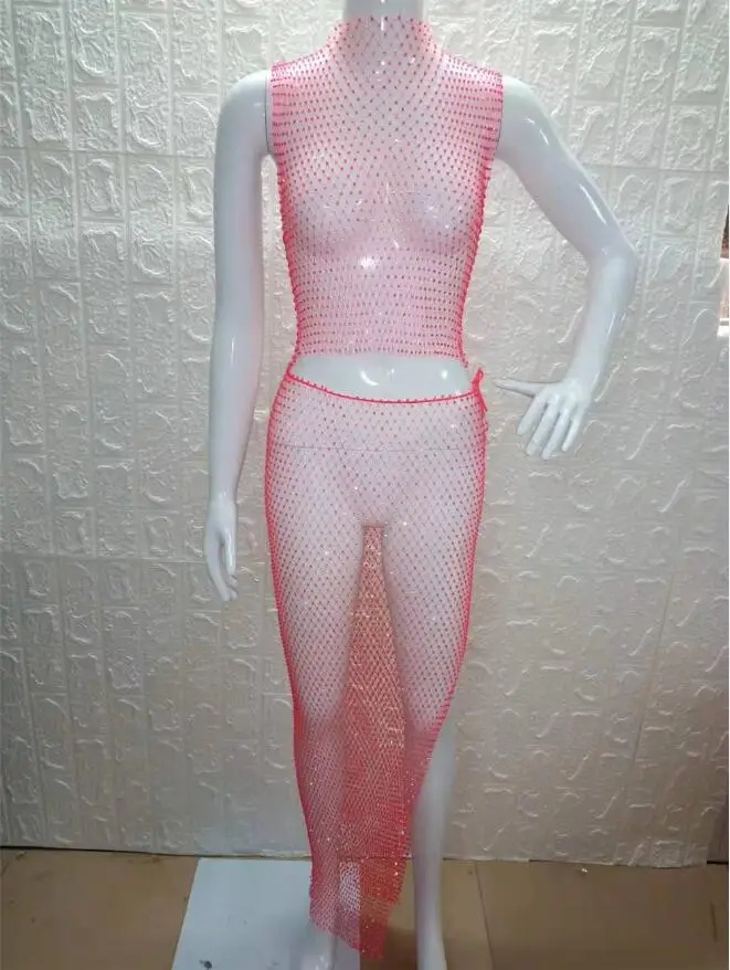 Сексуальное Сетчатое блестящее Сетчатое платье с бриллиантами, женские праздничные вечерние платья, роскошные летние пляжные платья, Новинка - Цвет: Fluorescent red O