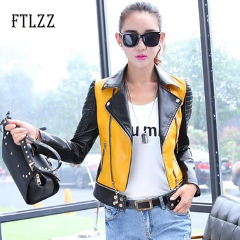 

2019 New patchwork color short leather jacket women slim turndown collar biker PU coat ladies plus size Motorcycle Style outwear