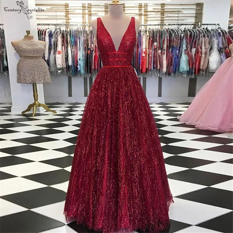 

Sexy Red Prom Dresses Long Deep V-Neck Backless Floor Length Evening Dress Formal Gowns Plus Size Vestidos De Festa 2020