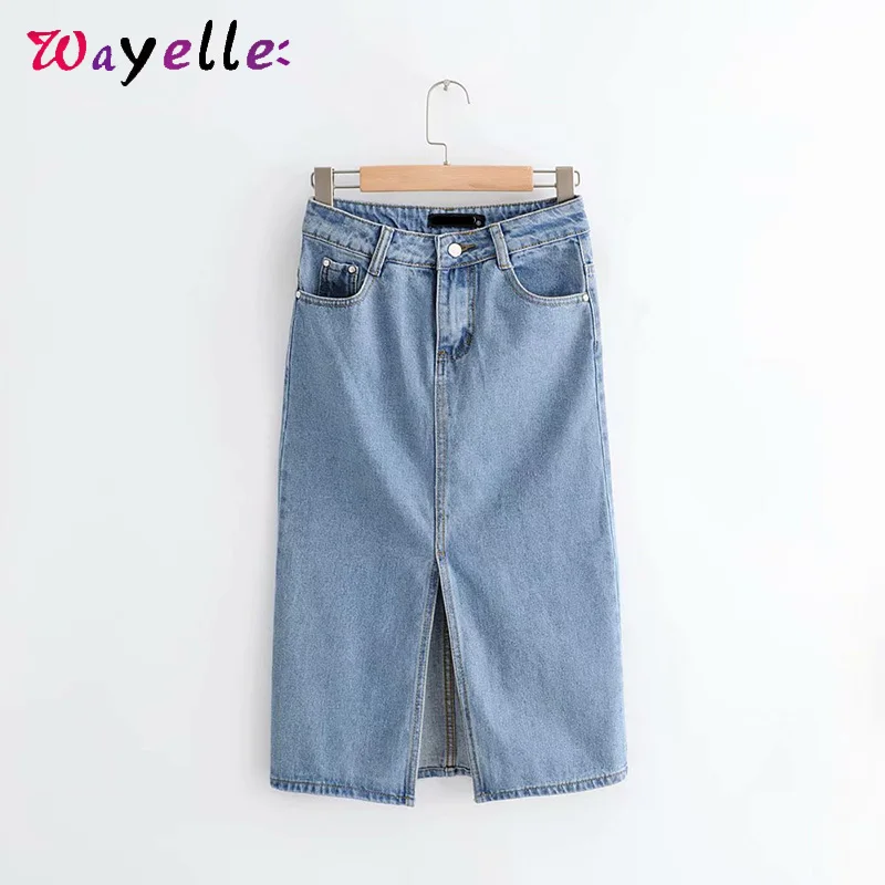 Джинсовые юбки с высокой талией, Осень-зима, винтажные элегантные юбки до колена, женские офисные ретро модные однотонные джинсовые юбки