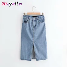 Джинсовые юбки с высокой талией, Осень-зима, винтажные элегантные юбки до колена, женские офисные ретро модные однотонные джинсовые юбки