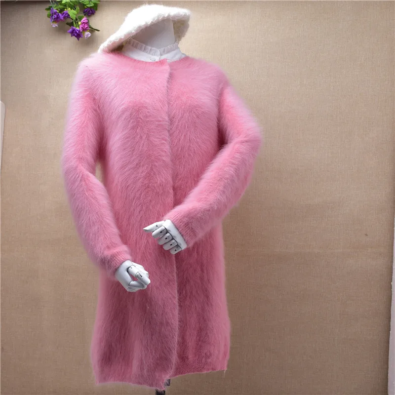 Body85cm Chest90cm Топ mujer, женский модный розовый свитер средней длины с длинными рукавами из меха Ангорского Кролика, вязаный кашемировый свитер, пальто, кардиганы, куртка на осень - Цвет: Body85cm Chest90cm