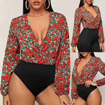 

2020 Newest Floral Skinny Bodysuits Women Fashion Long Sleeve Bandage Bodysuit Leotard Tops Blouse Rompers