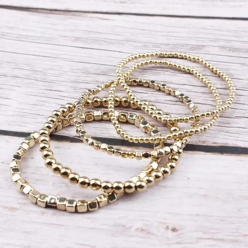 Beaded Bracelet Sets Gold Filled Beads Pearl Charm Elastic Bangles for Women Silver Color Mini Cube 5 PCS/Set