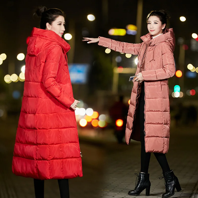 Slim Fashion Warm Women Coats And Jackets Long Hooded Solid Winter Padded Jacket Pockets Cotton Nice Parka Feminina