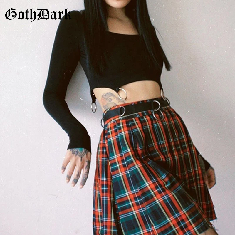 Goth Dark Punk Style Gothic With Iron Ring T-shirts Black Or White Long Sleeve Bodycon Crop Tops Women Autumn Fashion Streetwear