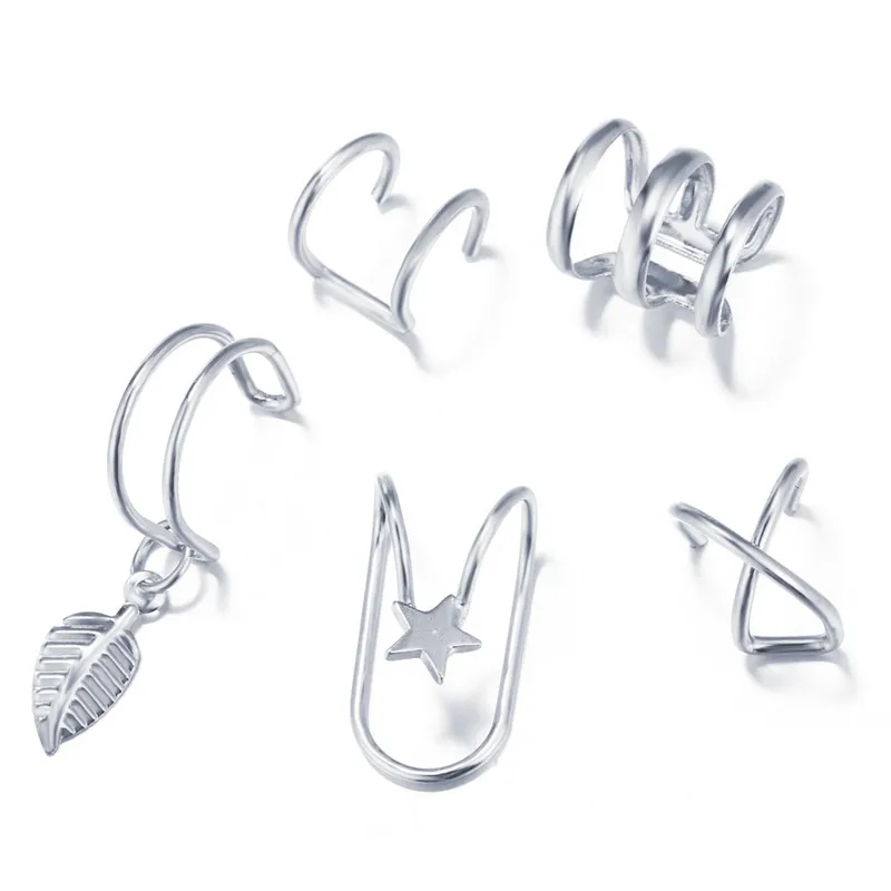 Ear Clip Earrings 5Pcs/Set Stainless Steel C Shape Cross Clip For Women No Piercing