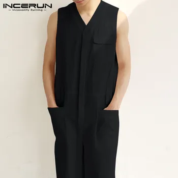 

2020 Men Cargo Overalls Sleeveless Jumpsuit Men Cotton Multi Pockets Solid Color V Neck Rompers Streetwear Pants Plus Size