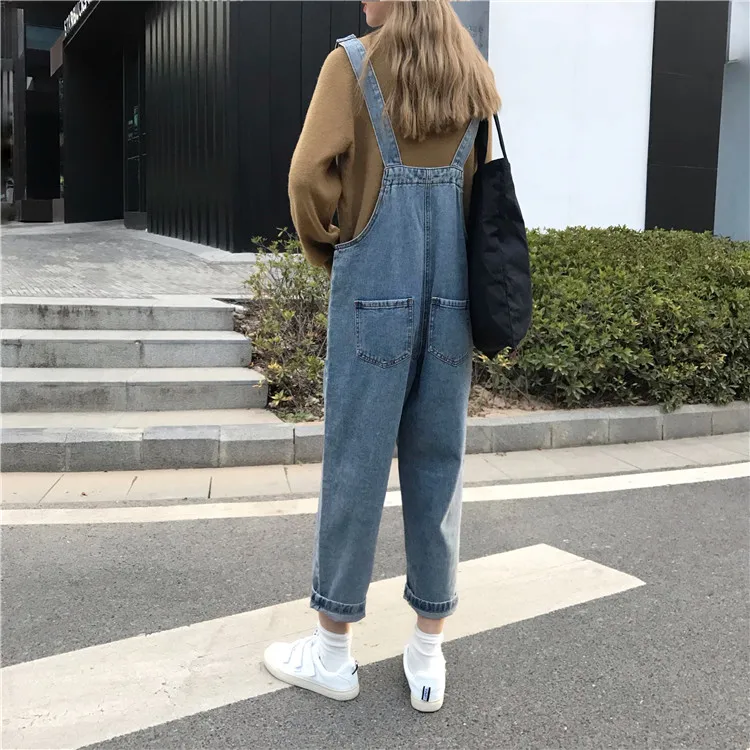 moda feminina Korean Jeans overalls pockets high waist regular elastic waist casual style autumn hot Women's Clothing ins Female