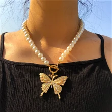 Fashion Rhinestone Butterfly Pendant Necklaces For Women Beaded Chain Simulated Pearl Choker Necklace Jewelry Boho white irregular simulated pearl necklace jewelry rhinestone cross crystal pendant classic necklace for women choker necklace