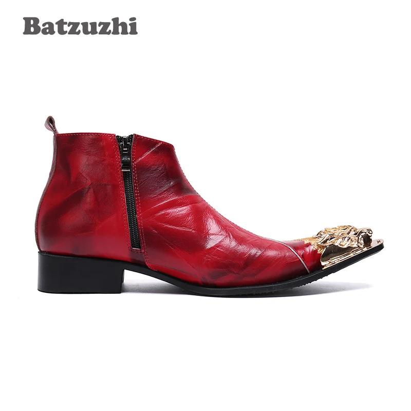 Batzuzhi Italian Style Men Shoes Boots Pointed Iron Toe Leather Ankle Boots Men Red Wedding and Party Shoes Boots Bota Masculina