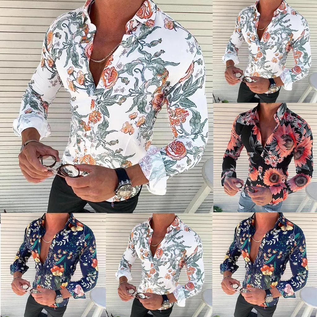 Camisa Masculina осень зима мужская Повседневная рубашка с длинным рукавом с цветочным принтом облегающая блузка Топ Гавайский стиль