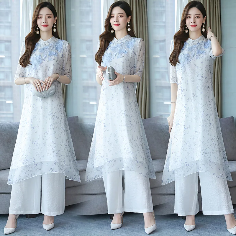 

Cheongsam Style Dress Summer Waist Hugging Slimming 2019 New Style Retro Western Style by Age Chinese-style Loose Pants Two-Piec