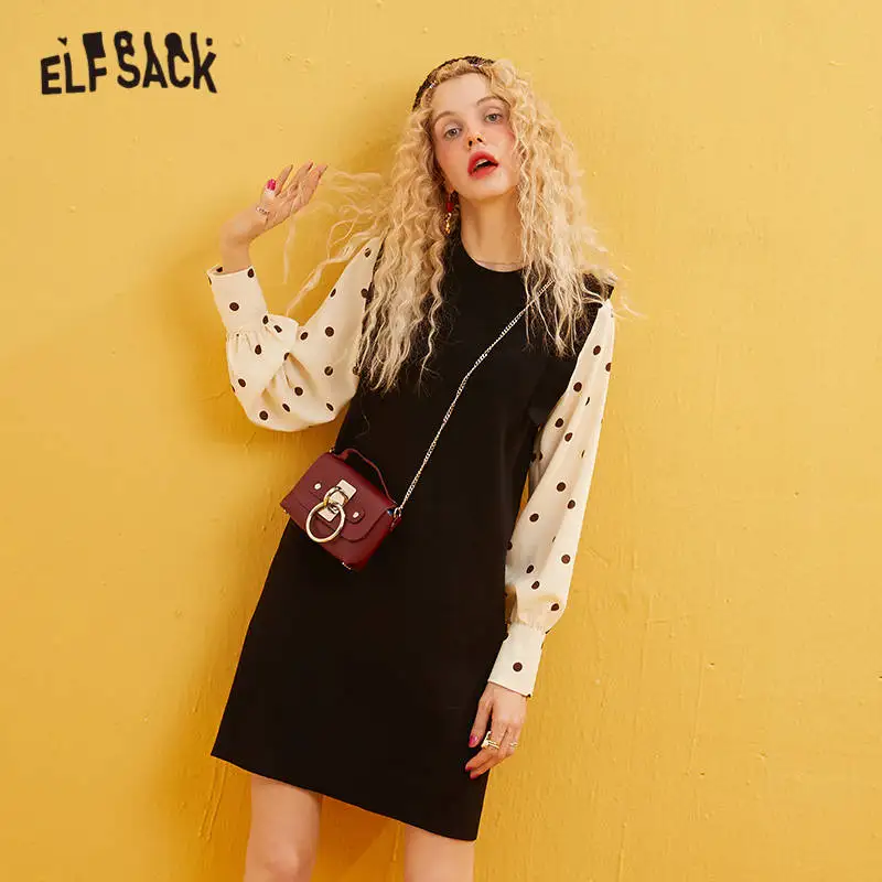 Женское платье в горошек ELFSACK черное однотонное корейское с синей оборкой