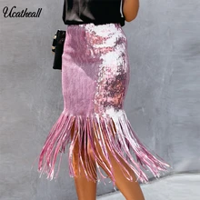 Новая юбка с пайетками, Повседневная офисная юбка с блестками, однотонная женская юбка миди с высокой талией и кисточками