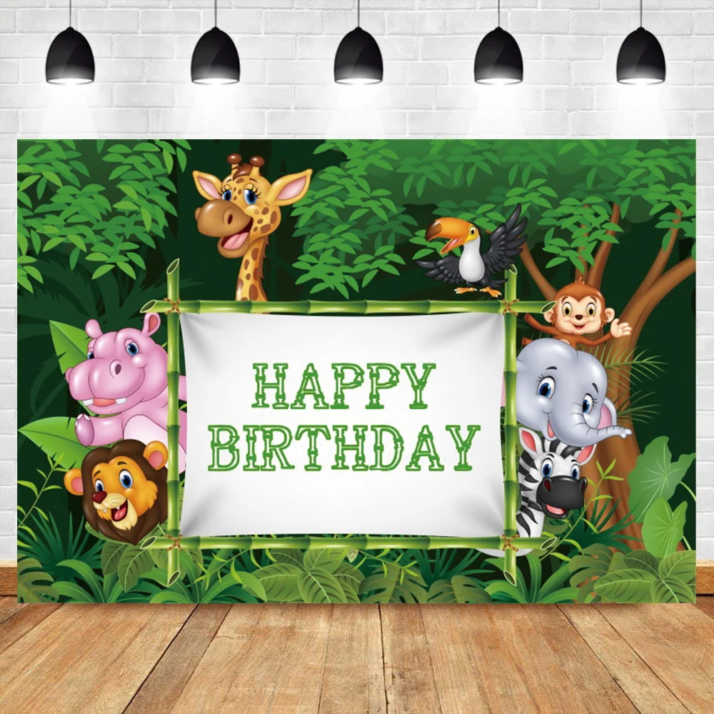 

Laeacco Jungle Safari Happy Birthday Party Photographic Background Tropical Plant Animals Child Portrait Custom Photo Backdrops