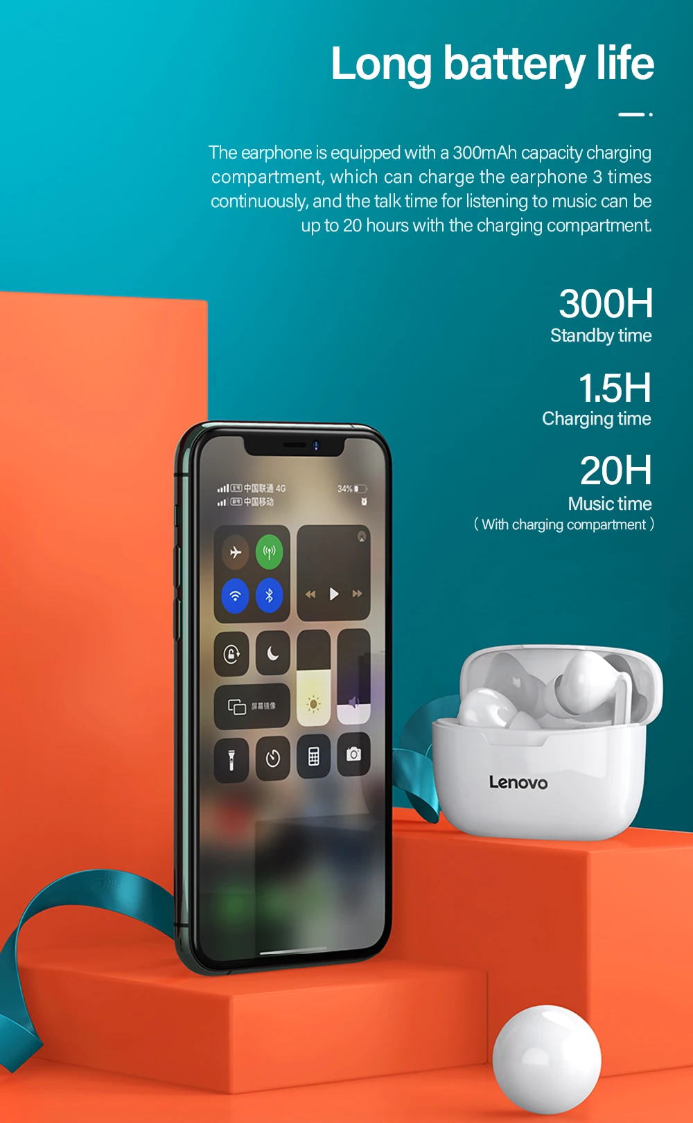 Lenovo Wireless Earphone XT90 TWS Bluetooth 5.0 Sports Headphone Touch Button IPX5 Waterproof Earplugs with 300mAh Charging Box