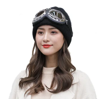 

New ladies imitation rabbit fur ski glasses cap pilot knit hat hot autumn and winter thick warm windproof hat