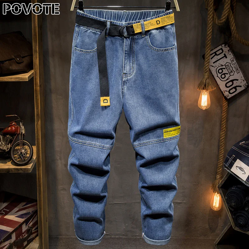 

POVOTE 2020 new jeans with holes men's slim fit, elastic and retro Leggings trend European and American Jeans Blue