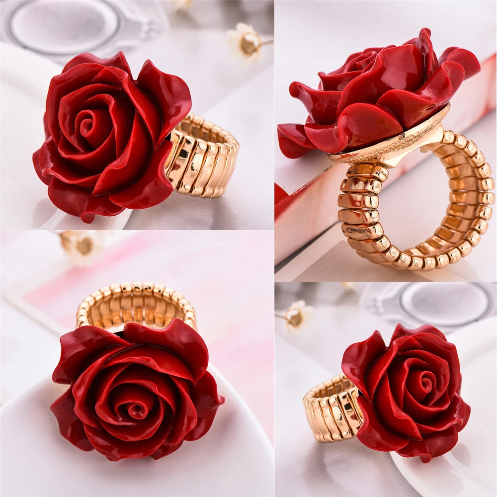 Fashion Statement Finger Ring Resin Rose Flower Gold-Color Adjustable rings For Women Wedding party Red Colors
