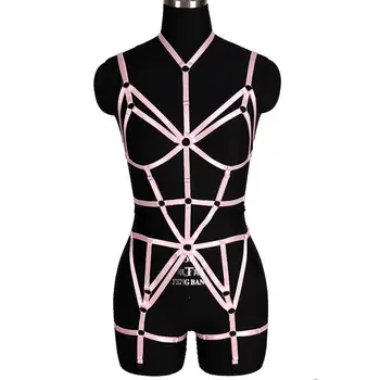 

Pink Garter Stockings Belt Harness Bra Body Cage Strap Punk Pius Size Sexy Suspender Waist Pole Dance Rave Elastic Lingerie Set