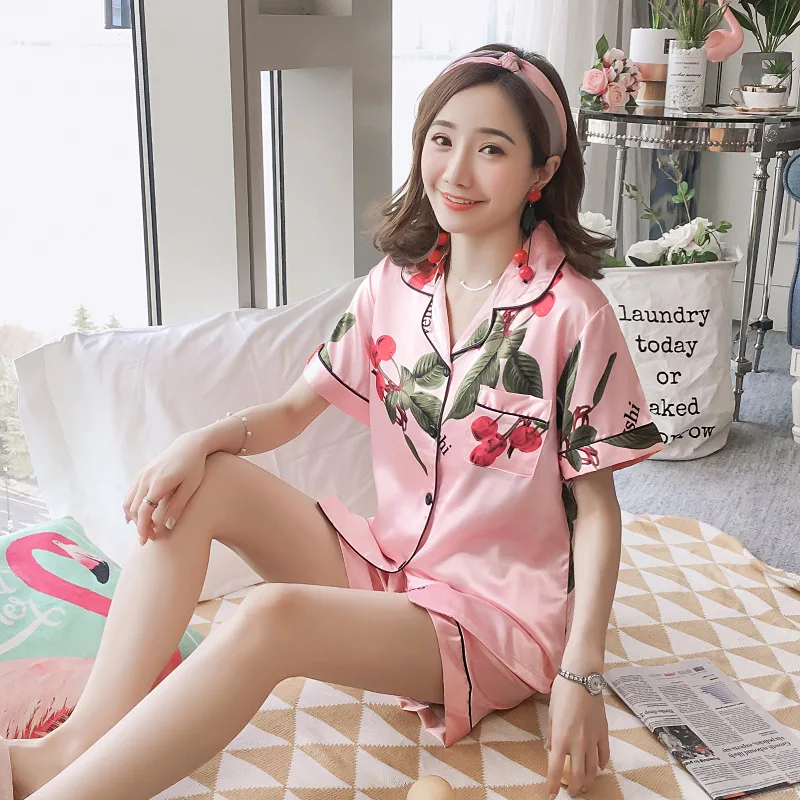 

Pajamas Female Summer Short Sleeve Silk Printed Summer WOMEN'S Thin Large Size Tracksuit Piece Viscose Shorts Set